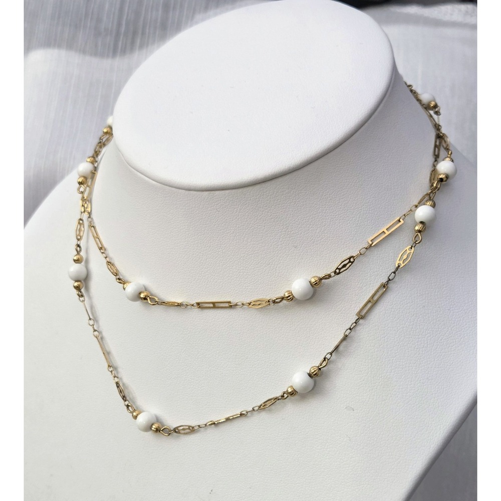 Vintage‎ Monet Necklace Gold Tone Open Intricate Chain White Beads Beaded 30"